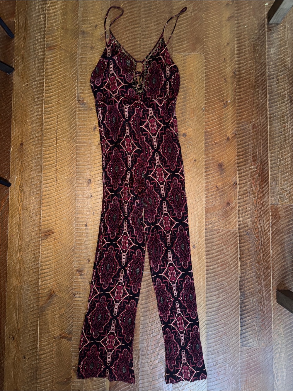 Forever 21 Burgundy and Black Patterned Spaghetti-Strap Jumpsuit